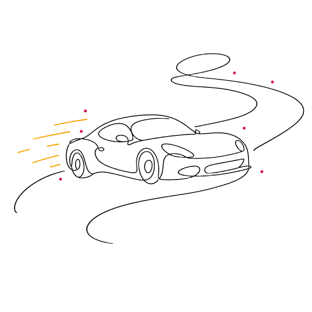 Hand-drawn high-spec car on a winding road