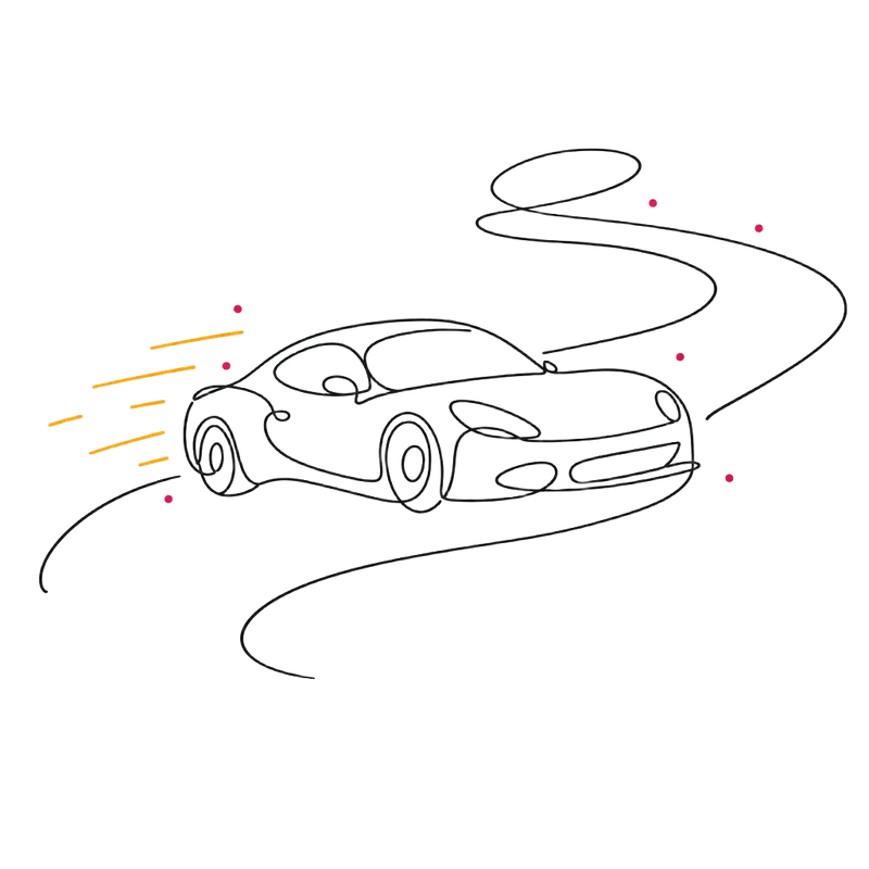 Hand-drawn premium performance car on a winding road — premium car valuation