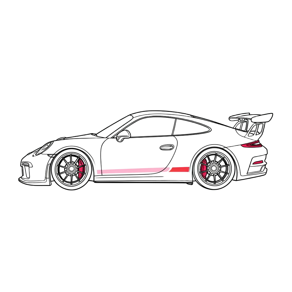 Hand-drawn illustration of a Porsche 911 GT3 RS with rear wing