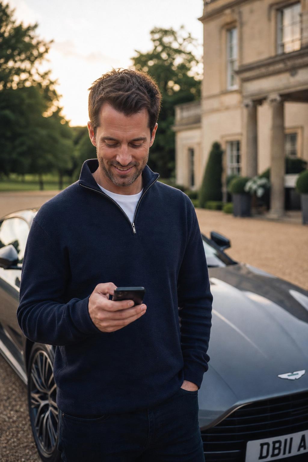 Seller checking an instant car valuation on a driveway